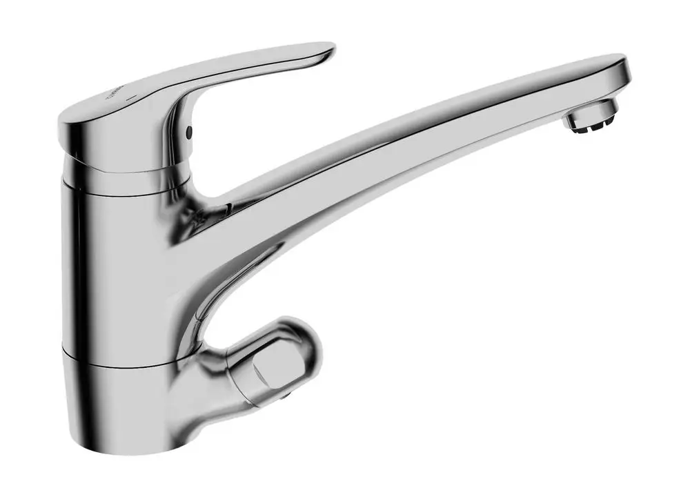Küchenarmatur aus Chrom von HANSA mit einem langen, schwenkbaren Auslauf und Bedienhebel für die Temperaturregelung. Das Design ist funktional für den Einsatz in der Küche.